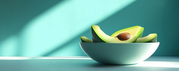 Fresh avocado halves in a bowl with soothing teal background