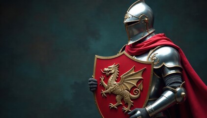 Knight in shining armor holds shield with dragon emblem, emblems, heraldry