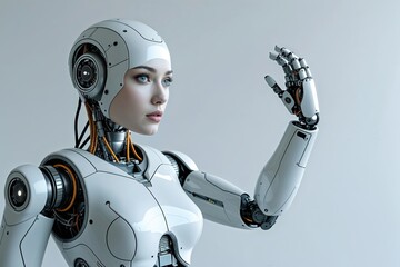 Futuristic Robot Woman Displaying Advanced Technology on Smooth White Background