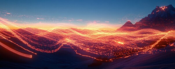 Vibrant light trails over mountain landscape during twilight