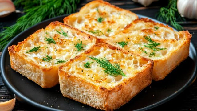 Delicious garlic bread with cheese on black plate in cozy kitchen setting
