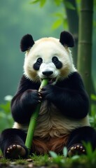 Obraz premium Giant panda consumes bamboo stalks, misty backdrop , ailuropus melanoleuca, wildlife photography, ecology