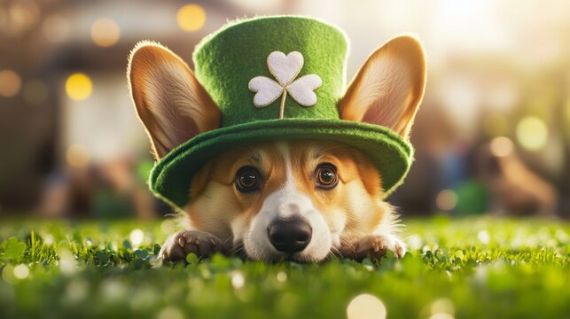 Corgi wearing a green hat with a shamrock lying on grass during a festive outdoor gathering