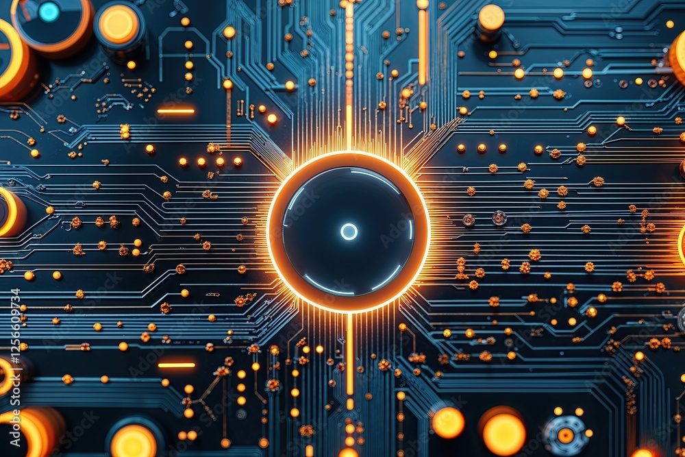 Poster sophisticated advanced circuit background design with abstract textures and quantum technology eleme