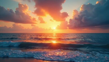 Obraz premium Golden sunrise paints calm ocean with vibrant hues, seascape photography, photo