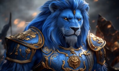 Fototapeta premium The anthropomorphic lion walks with majestic grace in military armor, representing courage and strength. Produced using generative AI tools.