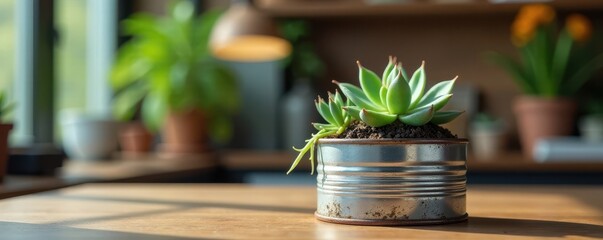 Rustic tin can succulent planter, home office desk, DIY, eco-friendly