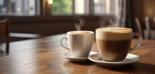 Fototapeta premium Freshly brewed coffee in a large mug with steaming hot latte, mug, steam