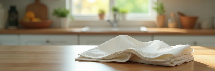Soft focus kitchen, neatly folded napkin on desk, scene, focus