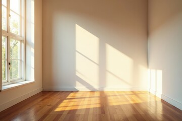 Sunlit gallery, hardwood floors, shadow play on walls, art space, display, wood floor