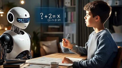A young boy is learning mathematics with the help of a robot tutor