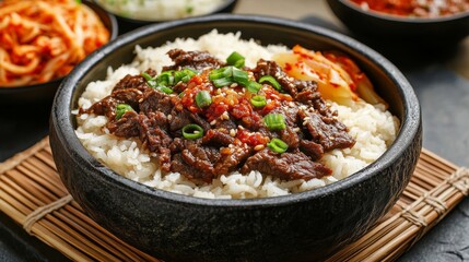 Image of rice and Korean beef bulgogi with kimchi in a stoneware bowl, emphasizing spicy and savory flavors. Ideal for Korean cuisine and hearty meals.