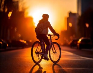 Cyclists riding bicycle at sunset or sunrise