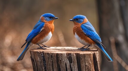 Fototapeta premium Adorable Bluebirds Facing Each Other on a Tree Stump in a Natural Woodland Setting