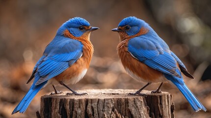 Obraz premium Pair of Bluebirds Perched on a Tree Stump with Warm, Natural Background