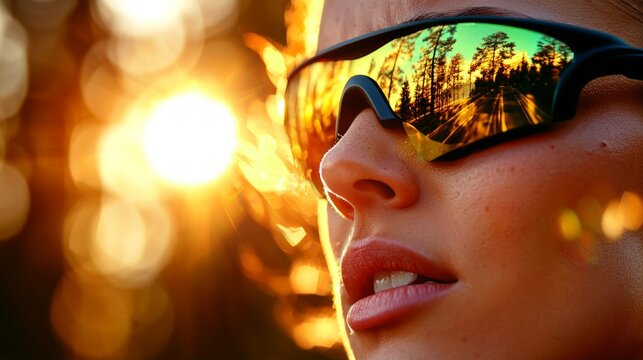 South Asian runner strides powerfully on professional track wearing sleek carbon fiber running blade prosthetic showing intense determination as sunlight accentuates her focus.
