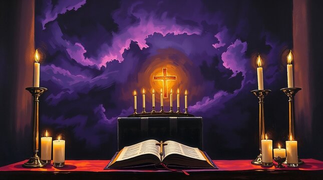 Open Bible, glowing cross, and burning candles on sacred altar with mystical purple sky, symbolizing Maundy Thursday reflection