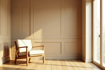 Beige room, wooden chair, wood paneling Cozy, calm interior , vintage, calm