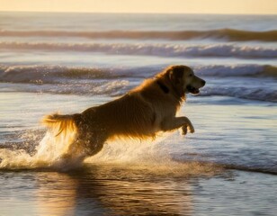 Golden retriever running and playing in the ocean water