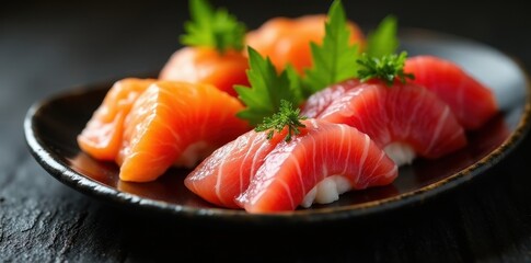 Elegant sashimi platter, delicate fish slices showcasing vibrant colors & textures , uni, ginger, japanese cuisine