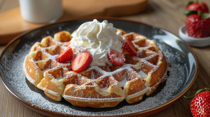 A plate of fluffy Belgian waffles topped with powdered sugar, fresh strawberries, and a dollop of whipped cream
