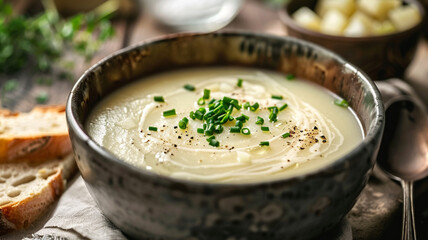 A bowl of creamy potato leek soup served with a sprinkle of chives and a slice of crusty bread