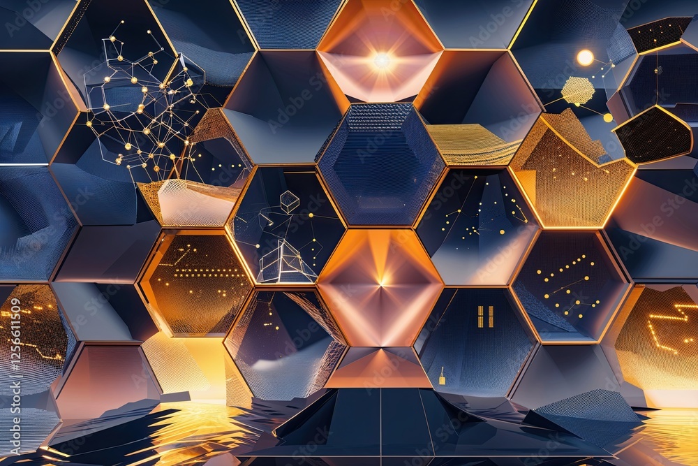 Poster creative hexagonal design for digital data simulation and visualization