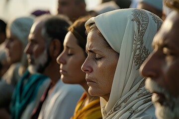 Fototapeta premium Group of Muslim individuals in peaceful prayer during namaz, embracing spirituality and community connection.