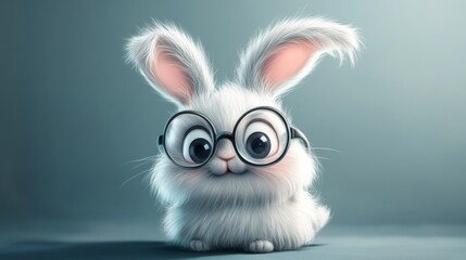Fototapeta premium The image is a stylized, cartoonish illustration of a rabbit wearing glasses. The rabbit has large, pointed ears and a textured fur pattern. Design for clothing, packaging. Vector