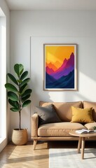 Minimalist living room, wooden bookcase, single framed artwork , interior design, empty, wood texture