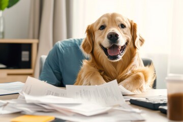  Golden retriever causes home office chaos with scattered documents and playful expression