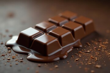 Submerged chocolate bar, glossy melted chocolate coating , rich, delicious, drip