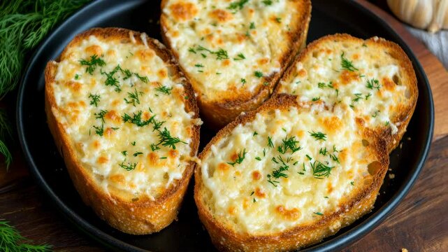 Golden garlic bread slices freshly baked and garnished with herbs on a rustic wooden table