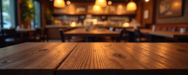 Obraz premium Warm wood grain tabletop, bokeh restaurant lights, setting, bright, food