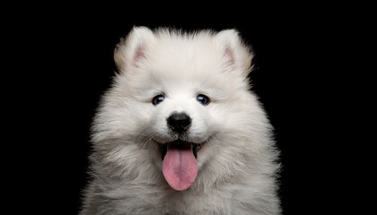 cute white samoyed puppy lick screen showing tongue isolated on black background front view