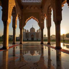 Islamic mosque or masjid, captured during the golden hour, with warm.