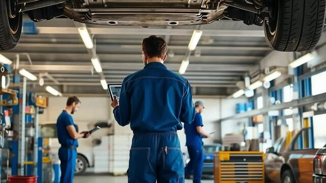 Mechanic Leading the Team:  A skilled mechanic in blue workwear stands confidently in a well-lit garage, using a digital tablet for a meticulous inspection while two other mechanics assist.