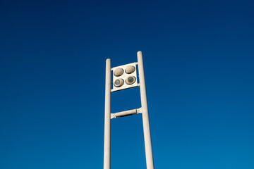 Modern street lamps, design with an aesthetic impact, project developed for the street lighting of corso Inghilterra in Turin. Spherical LED reflectors on very tall white pillars now worn by time.