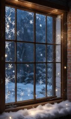 Naklejka premium Frosty window with snowflakes and Christmas lights, christmas lights, frosty window, snowflakes