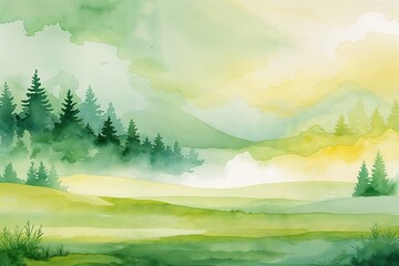 Fototapeta premium Soft Green and Creamy Yellow Watercolor Gradients for Tranquil Landscape Backgrounds