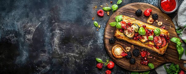 Rustic berry tart with basil and walnuts on wooden board
