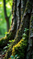 Obraz premium Rough tree bark with moss and lichen, rough, bark, tree