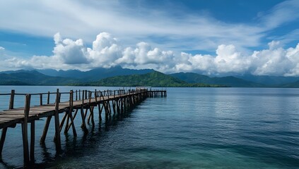 Fototapeta premium Tranquil Wooden Pier Extends into Azure Waters, Meeting a Sky of Fluffy Clouds Over Lush Tropical Hills