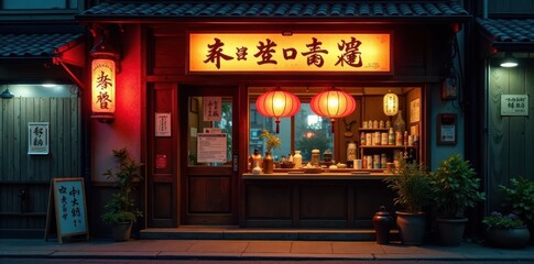 Fototapeta premium Cozy izakaya storefront; traditional noren, illuminated kanji sign, ambiance, kyoto, vintage