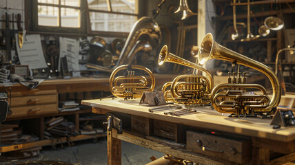 Brass Instruments Being Polished: A collection of brass instruments being polished in a workshop, emphasizing the care required in music craftsmanship.