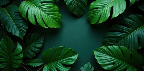 Dark, vibrant tropical leaves, close-up Dense jungle foliage flatlay , flora, organic, vegetation