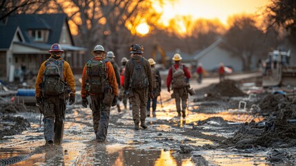 Construction workers walking through a muddy site at sunset, showcasing teamwork and resilience