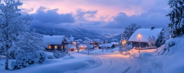 Winter twilight scene with snow-covered cabins and trees in serene mountain village