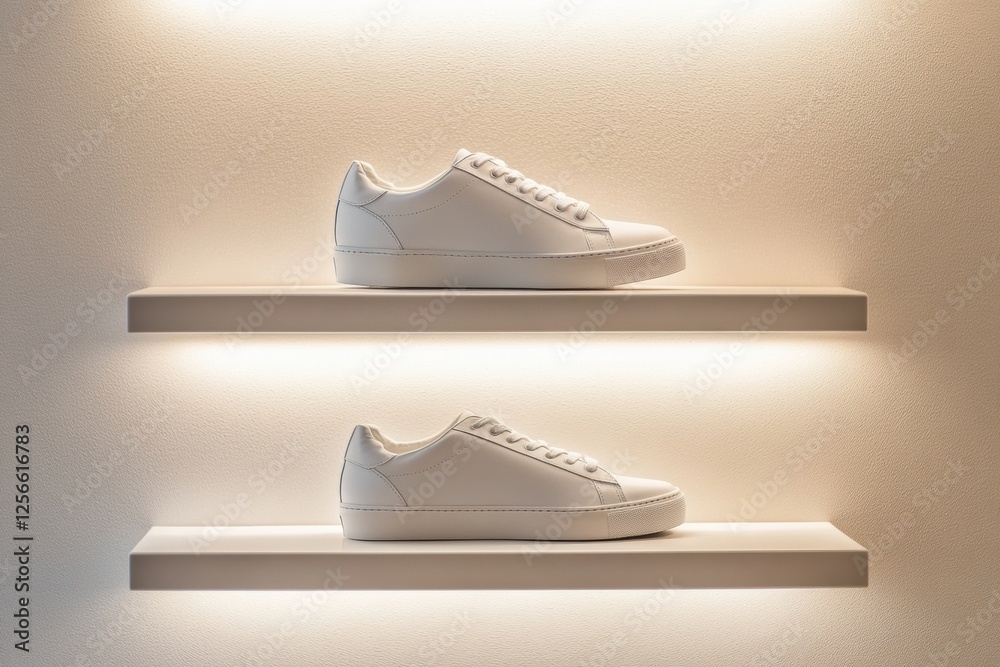 Poster Stylish minimalist shoe shelf showcasing neatly arranged sneakers with a blank space for custom text. Generative AI