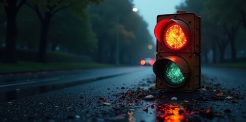 Shattered traffic signal on asphalt, dark grey , automobile, urban scene